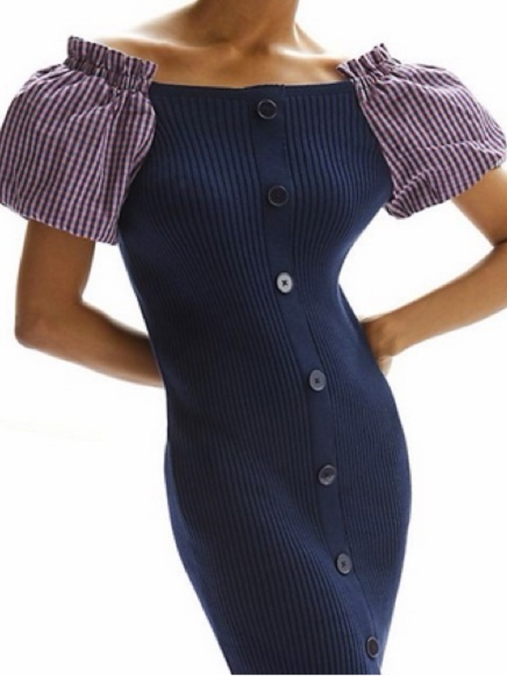 Maeve by Anthropologie Ribbed Knit Plaid Puff Sleeve Mini Dress XS